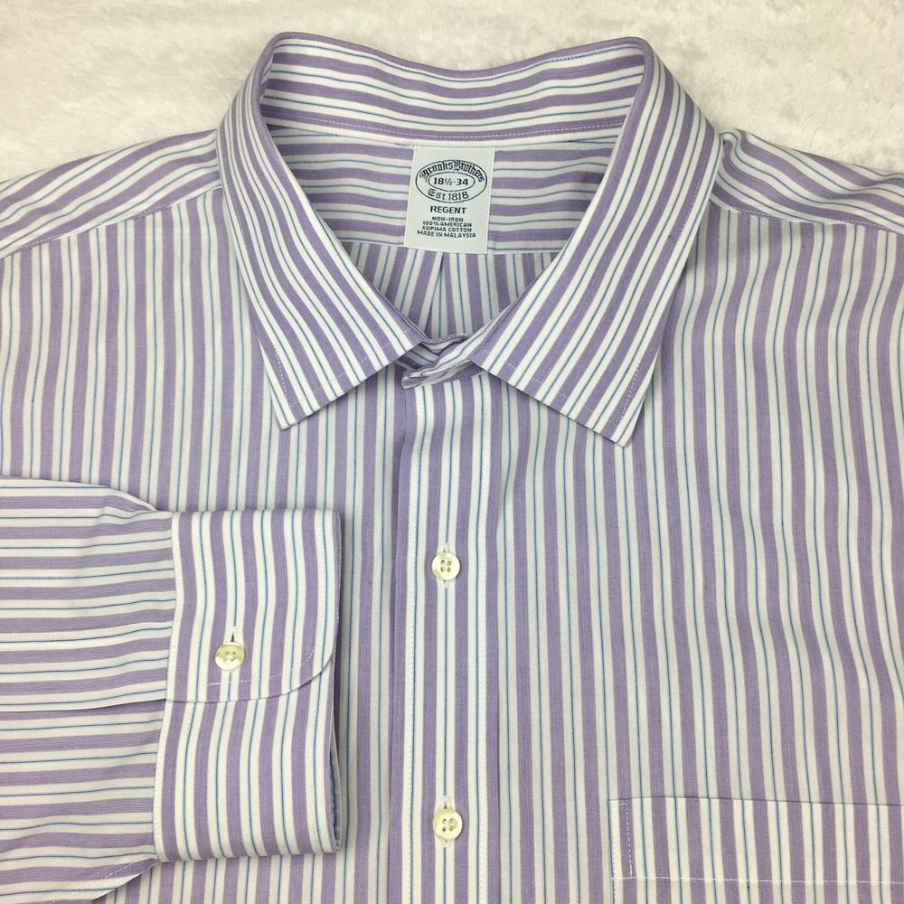 Brooks Brothers Dress Shirt Mens 18.5-34 Purple Stripes Regent Non Iron